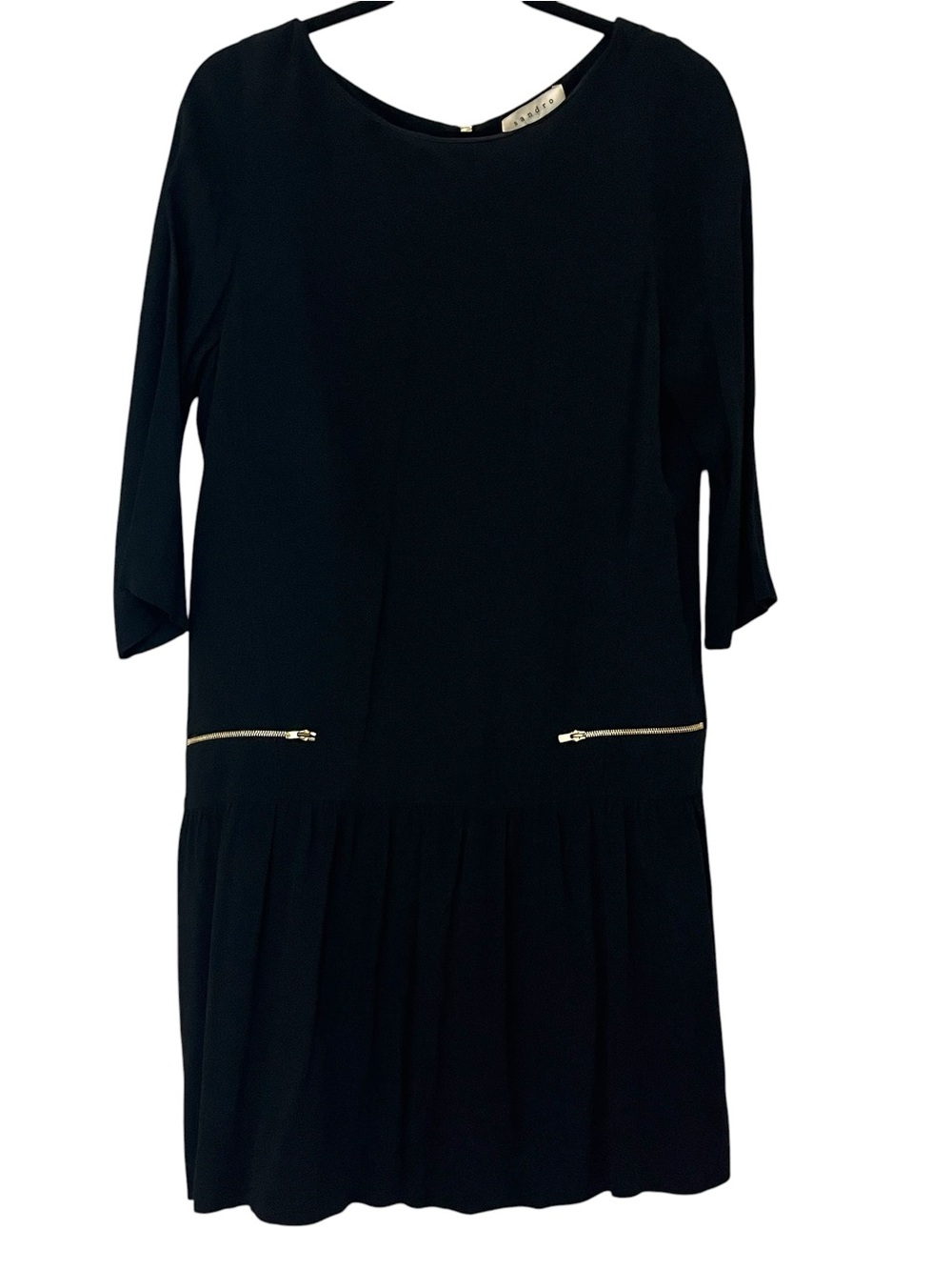 Sandro Paris Black Drop Waist Dress 2 FR38 US6 Gold Zip Pleated 3/4 Sleeve Mini